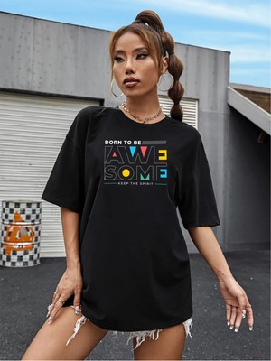 Ciwilife Unisex Siyah Oversize Awe Some Boyfriend T-Shirt