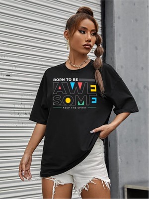 Ciwilife Unisex Siyah Oversize Awe Some Boyfriend T-Shirt