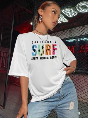 Ciwilife Unisex Beyaz Oversize Surf Santa Monica Boyfriend T-Shirt