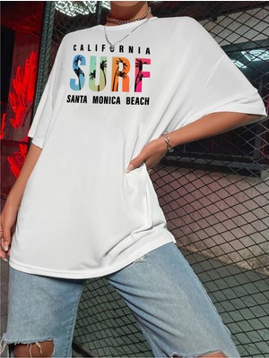 Ciwilife Unisex Beyaz Oversize Surf Santa Monica Boyfriend T-Shirt