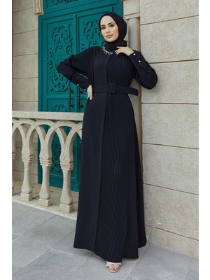 Vavinor Piliseli Kemerli Elbise - Siyah