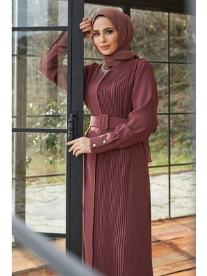 Vavinor Piliseli Kemerli Elbise - Gül Kurusu