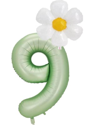 Bal10 Dünyası 9 Yaş Su Yeşili Renk Rakam ve Papatya Folyo Balon Seti
