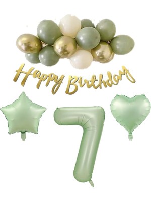 Best Parti 7 Yaş Happy Bırthday Yazılı Banner Su Yeşili Renk Rakam Kalp Yıldız Folyo ve Latex Balon Seti