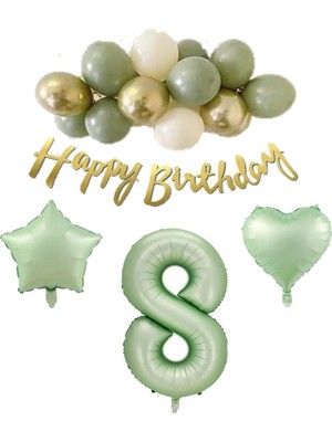 Best Parti 8 Yaş Happy Bırthday Yazılı Banner Su Yeşili Renk Rakam Kalp Yıldız Folyo ve Latex Balon Seti