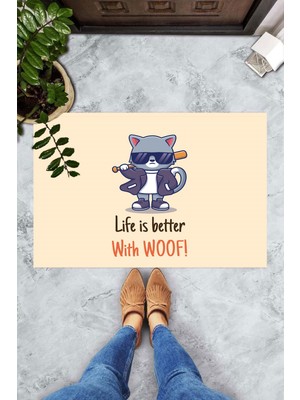 Pelangi Dijital Baskılı Life Is Better With Woof Yazılı Dekoratif Kapı Önü Paspası