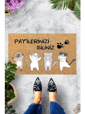 Pelangi Dijital Baskılı Kedi Desenli Patilerinizi Siliniz Yazılı Dekoratif Kapı Önü Paspası