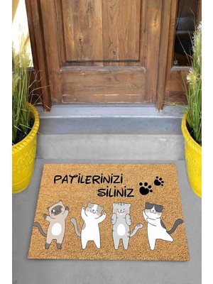 Pelangi Dijital Baskılı Kedi Desenli Patilerinizi Siliniz Yazılı Dekoratif Kapı Önü Paspası