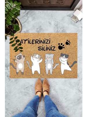 Pelangi Dijital Baskılı Kedi Desenli Patilerinizi Siliniz Yazılı Dekoratif Kapı Önü Paspası