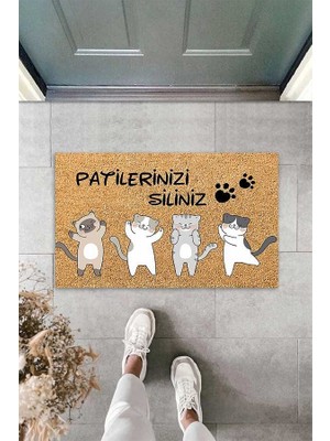 Pelangi Dijital Baskılı Kedi Desenli Patilerinizi Siliniz Yazılı Dekoratif Kapı Önü Paspası