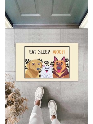 Pelangi Dijital Baskılı Eat Sleep Woof Yazılı Köpek Desenli Dekoratif Kapı Önü Paspası