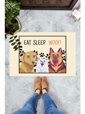 Pelangi Dijital Baskılı Eat Sleep Woof Yazılı Köpek Desenli Dekoratif Kapı Önü Paspası