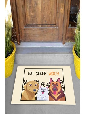 Pelangi Dijital Baskılı Eat Sleep Woof Yazılı Köpek Desenli Dekoratif Kapı Önü Paspası