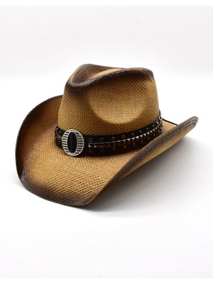 Külah Deri Şeritli Rhinestone Hasır Şapka Premium Classic Western Festival Beach Rave Hat