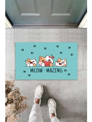 Pelangi Dijital Baskılı Meow-Mazing Yazılı Kedi Desenli Dekoratif Kapı Önü Paspası