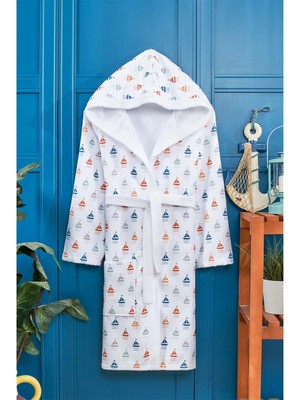 Vevien Home Gemi Desen Dijital Baskılı Genç Çocuk Bornozu 15-16 Yaş