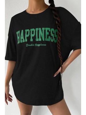 Fabberje Happiness Baskılı Oversize Salaş Kadın T-Shirt