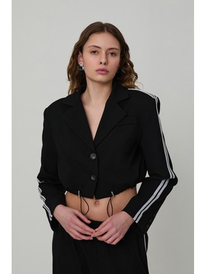 Quzu Şerit Detaylı Düğmeli Crop Blazer Ceket Siyah