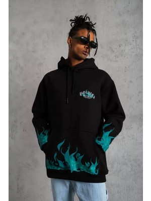 The Cool Deer Erkek Üç Iplik Içi Pamuklu Alev Baskılı Kapüşonlu Sweatshirt - Siyah