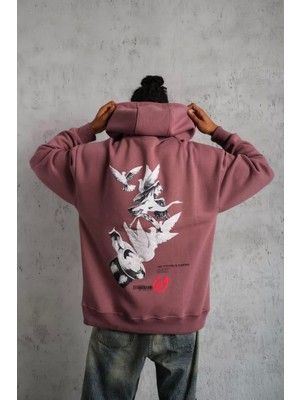 The Cool Deer Erkek Şapkalı Güvercin Baskılı Kapşonlu Sweat - Gül Kurusu