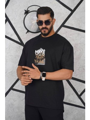 Tex Republic Siyah Erkek Oversize  Bisiklet Yaka T-Shirt