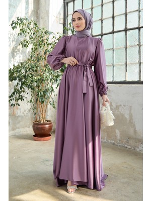 Vavinor Liza Kuşaklı Saten Elbise - Leylak