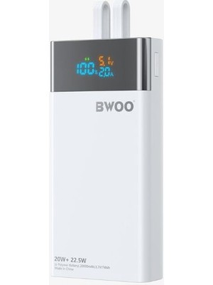 Bwoo 20000 Mah Göstergeli Taşınabilir Hızlı Şarj Cihazı Dahili Type-C ve Lightning Kablolu