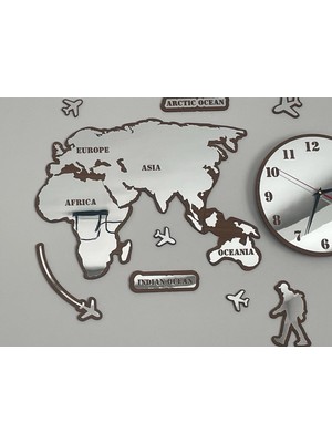 Onca Hediyelik Aynalı Dünya Haritası Dekoratif Iş Yeri ve Ev Için Dünya Haritalı Saatli Duvar Dekorasyonu