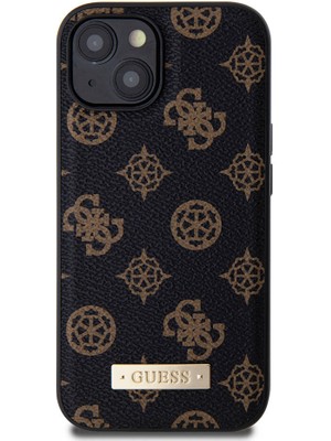 Guess iPhone 15 Uyumlu Kılıf Guess Magsafe Şarj Özellikli Pu Deri Desenli Metal Plaka Logolu Kapak Siyah