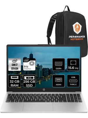 HP 250 G10 i7 1355U 32GB RAM 256GB SSD 15.6" FHD FreeDOS 8A541EAP326 Notebook + Per4 Çanta