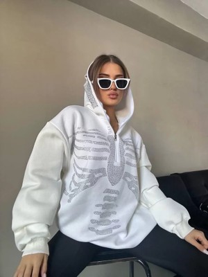 Lenay  Taşlı Zip Kapüşonlu Sweatshirt - Beyaz