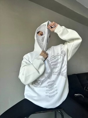 Lenay  Taşlı Zip Kapüşonlu Sweatshirt - Beyaz