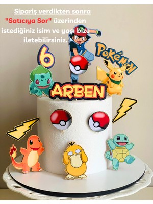 Cake Topper Pokemon Temalı Erkek Çocuk Kişiye Özel Doğum Günü Süsü Pokemon Karakterleri Çubuklu Pasta Süsü Seti