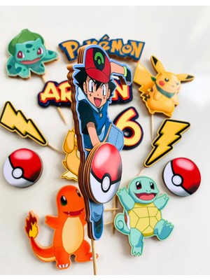 Cake Topper Pokemon Temalı Erkek Çocuk Kişiye Özel Doğum Günü Süsü Pokemon Karakterleri Çubuklu Pasta Süsü Seti