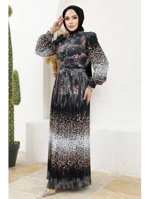 Neva Style Leopar Desenli Siyah Tesettür Elbise 3878S