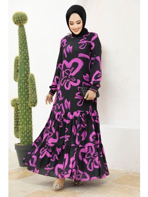 Neva Style Desenli Fuşya Tesettür Elbise 12437F