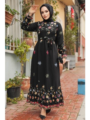 Neva Style Çiçek Desenli Siyah Tesettür Elbise 23234S