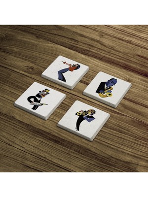 Baum Atelier Müzisyen Ilüstrasyon, Müzik Sanatı Temalı Doğal Taş Traverten Bardak Altlığı 4 Lü Set