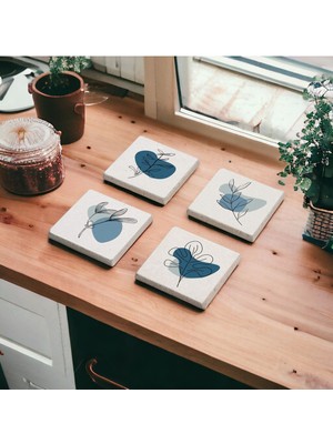 Baum Atelier Mavi Flower Bohem Desen Doğal Taş Traverten Bardak Altlığı 4 Lü Set
