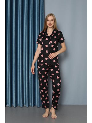 Newaa Butik Siyah Pembe Kalpli Pijama Takımı