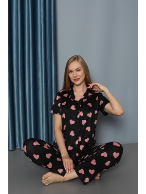 Newaa Butik Siyah Pembe Kalpli Pijama Takımı