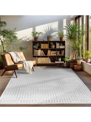 Carpettex Halı Kabartmalı Yumuşak Geometrik Desenli Iskandinav Bohem Tarzı Halı Gümüş Tonlarında