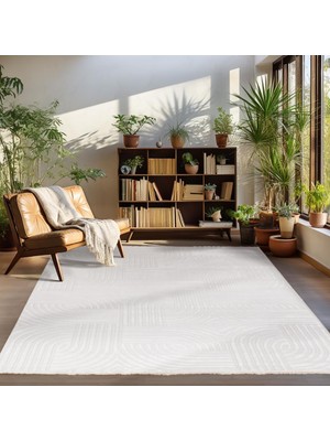 Carpettex Halı Kabartmalı Yumuşak Karo Desenli Iskandinav Bohem Tarzı Halı Krem Tonlarında