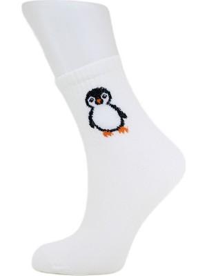 Look Socks Penguen Karakter Desenli Beyaz Kolej Çorap 3 Çift