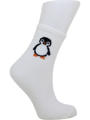 Look Socks Penguen Karakter Desenli Beyaz Kolej Çorap 3 Çift