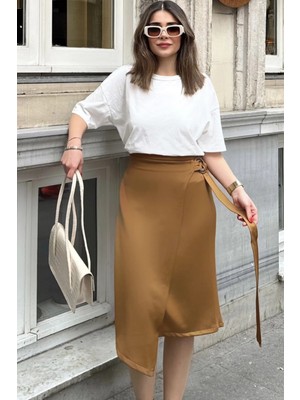 New Laviva Kadın Kahve Asimetrik Kesim Toka Yandan Bağlama Detaylı Scuba Etek