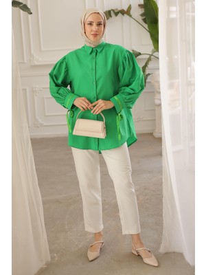 Yeşil Kol Detaylı Terikoton Gömlek