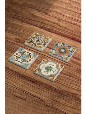 Baum Atelier Yeşil Tile Desen Temalı Doğal Taş Traverten Bardak Altlığı 4 Lü Set