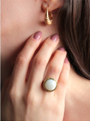 Esha Store Doğal Taş Sedef Yuvarlak Doğal Taşlı Ayarlanabilir Antik Işlemeli Yüzük Dtbys