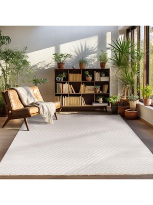 Carpettex Halı Yumuşak Kabartmalı Zigzag Desenli Iskandinav Bohem Tarzı Halı Bej Tonlarında